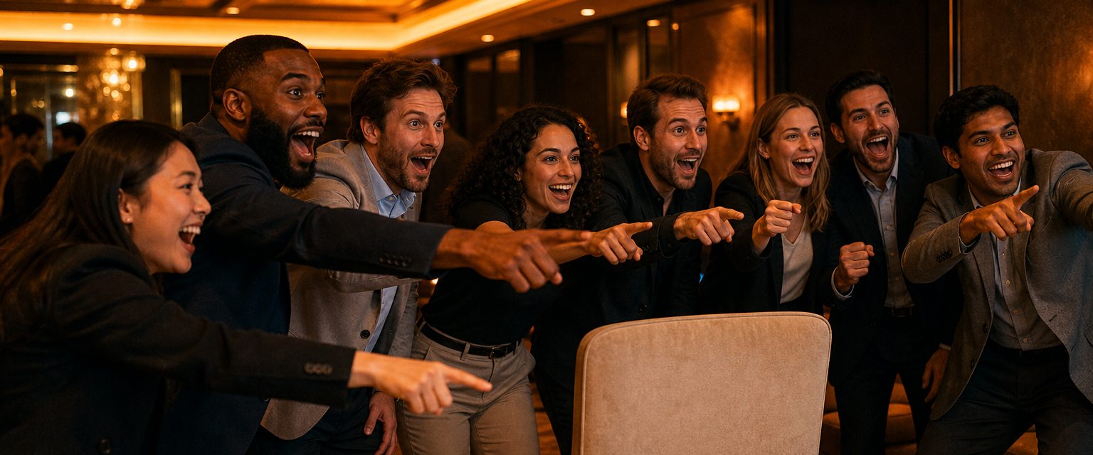 A team on their feet behind one chair, cheering the final on the big screen