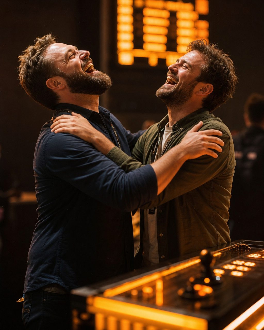 Two colleagues laughing together at a Crucible event, the scoreboard glowing behind them